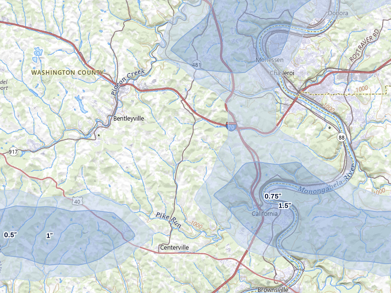 NEXRAD radar-signature map of the hail storm over Coal Center, PA on May 13, 2026