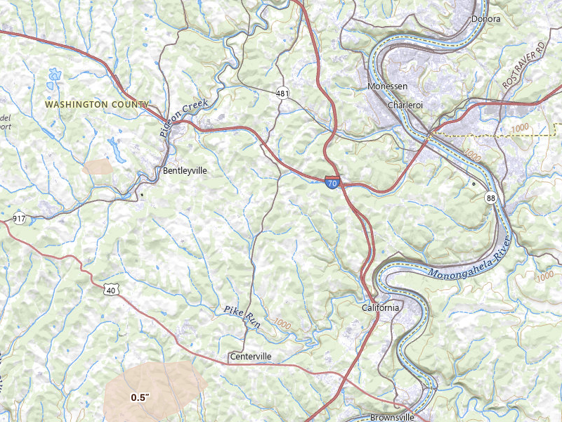 Radar-estimated hail-size map of the storm over Coal Center, PA on Jul 4, 2026