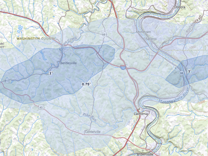 NEXRAD radar-signature map of the hail over Coal Center, PA
