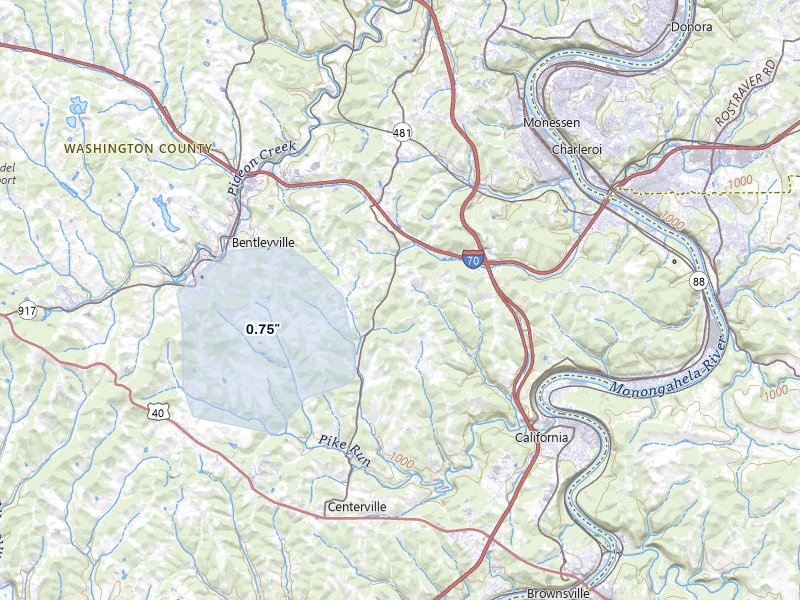 NEXRAD radar-signature map of the hail storm over Coal Center, PA on Jul 5, 2026