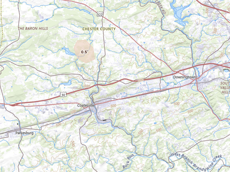 Radar-estimated hail-size map of the storm over Coatesville, PA