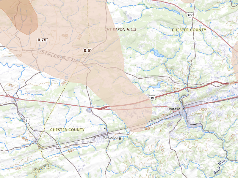 Radar-estimated hail-size map of the storm over Coatesville, PA on Sep 1, 2026