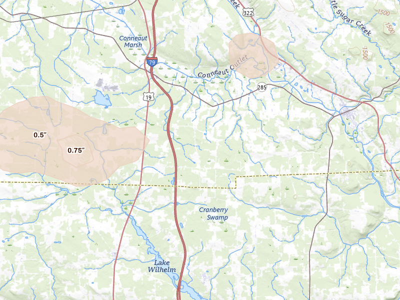 Radar-estimated hail-size map of the storm over Cochranton, PA on Jun 10, 2026