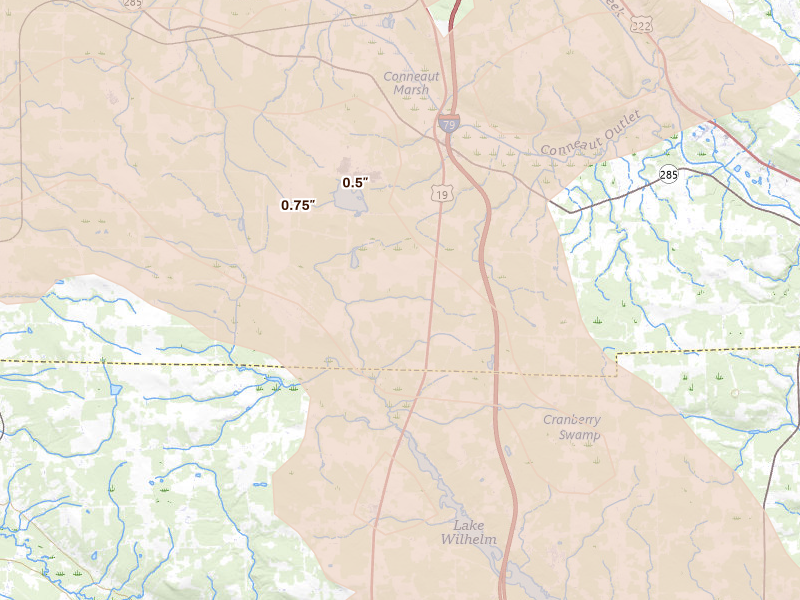 Radar-estimated hail-size map of the storm over Cochranton, PA on Sep 2, 2026
