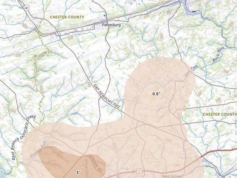 Radar-estimated hail-size map of the storm over Cochranville, PA on May 20, 2026