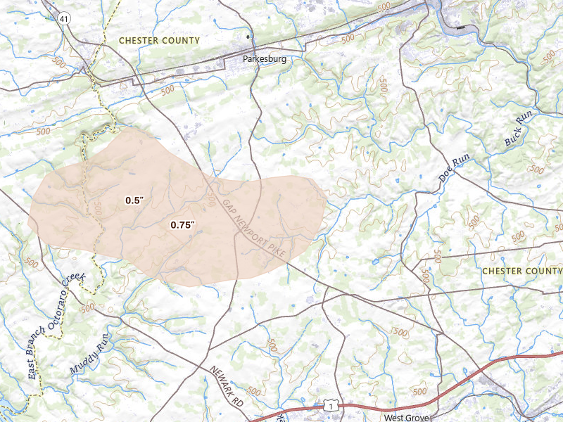 Radar-estimated hail-size map of the storm over Cochranville, PA on Jul 18, 2026