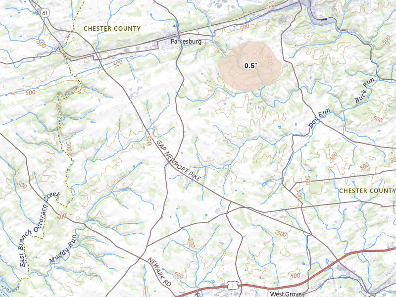Radar-estimated hail-size map of the storm over Cochranville, PA on Sep 2, 2026