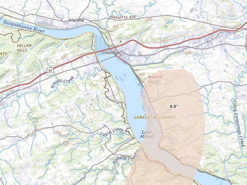 Radar-estimated hail-size map of the storm over Columbia, PA on Jul 5, 2026
