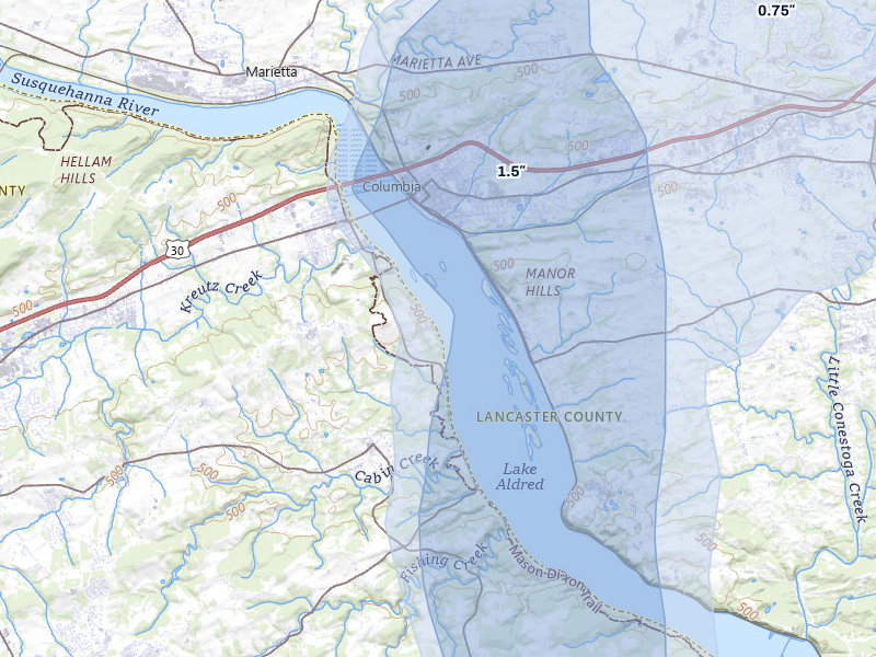NEXRAD radar-signature map of the hail storm over Columbia, PA on Jul 5, 2026