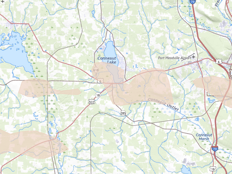 Radar-estimated hail-size map of the storm over Conneaut Lake, PA on Jun 6, 2026