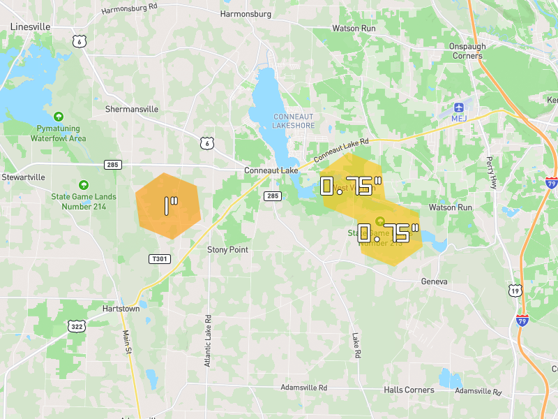 Hail map of Conneaut Lake, PA on Jun 6, 2026, hail up to 1"