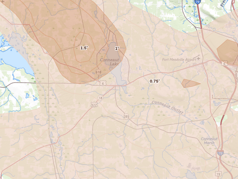 Radar-estimated hail-size map of the storm over Conneaut Lake, PA on Sep 2, 2026