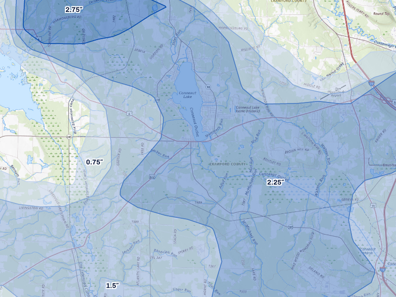 NEXRAD radar-signature map of the hail storm over Conneaut Lake, PA on Sep 2, 2026