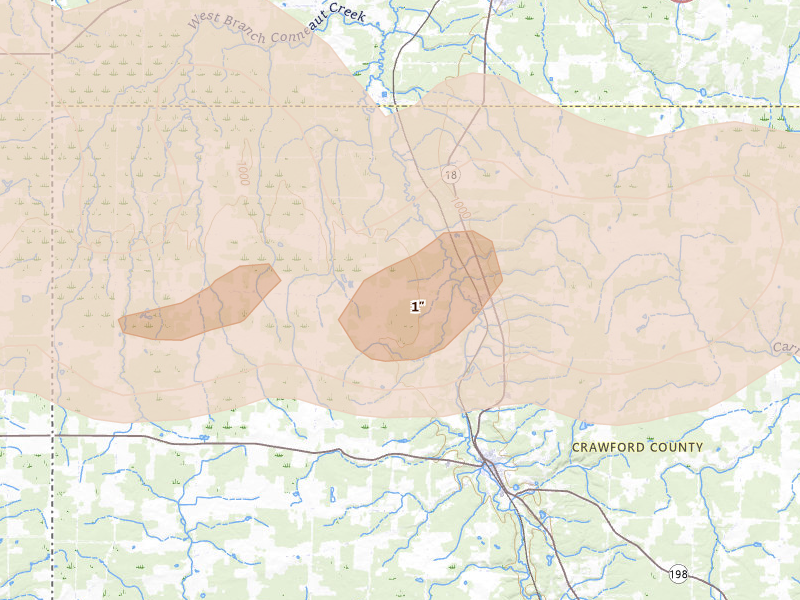 Radar-estimated hail-size map of the storm over Conneautville, PA on Jun 14, 2026
