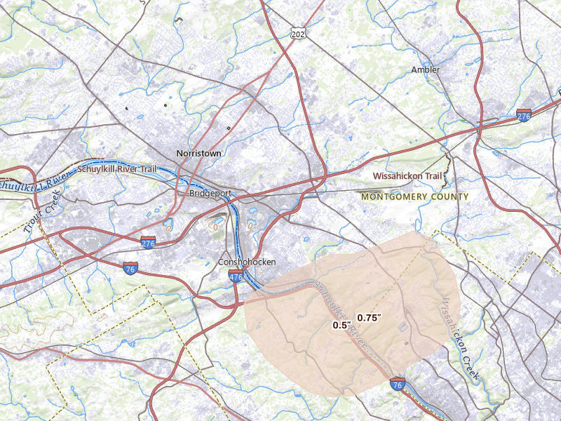 Radar-estimated hail-size map of the storm over Conshohocken, PA on Jul 27, 2026