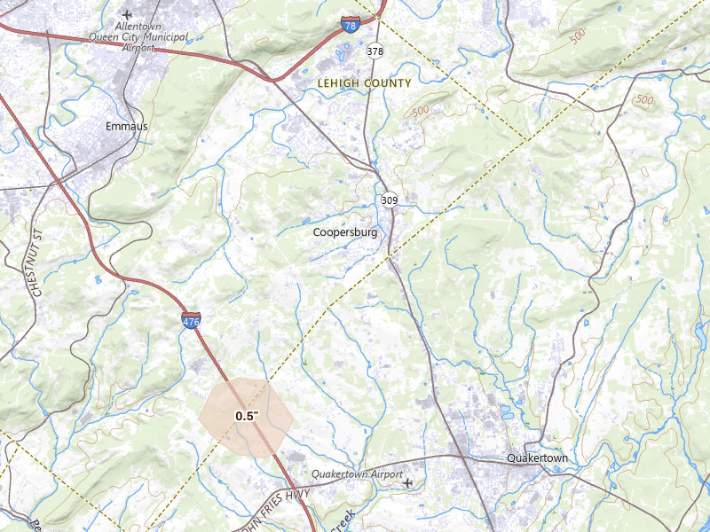 Radar-estimated hail-size map of the storm over Coopersburg, PA on Jul 21, 2026