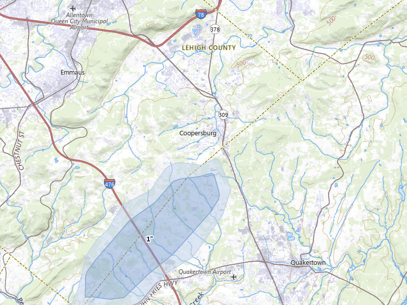 NEXRAD radar-signature map of the hail over Coopersburg, PA