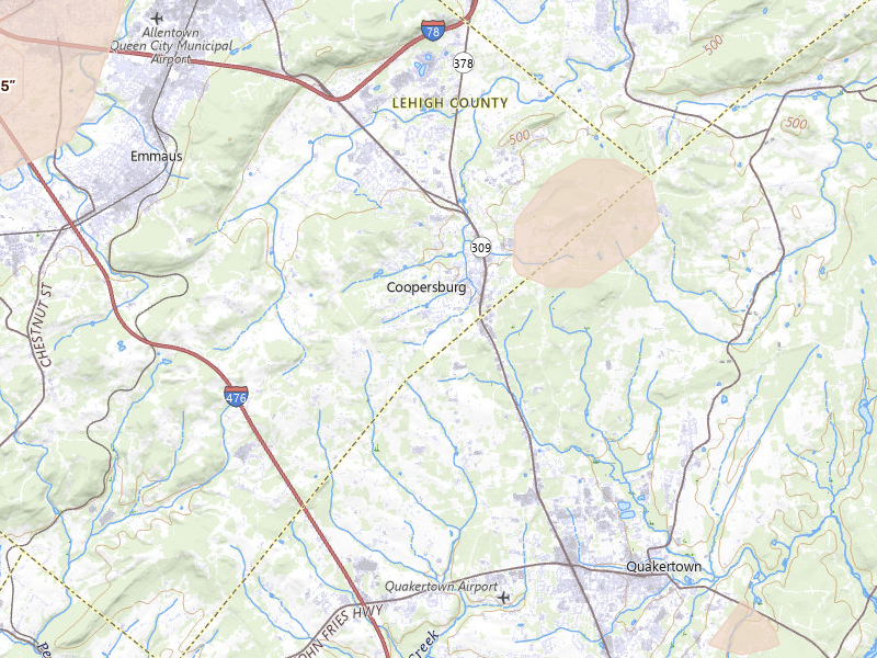Radar-estimated hail-size map of the storm over Coopersburg, PA on Jul 28, 2026