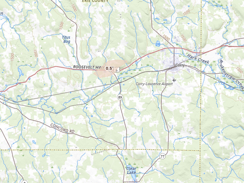 Radar-estimated hail-size map of the storm over Corry, PA on Aug 10, 2026
