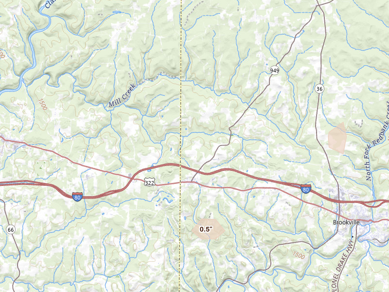 Radar-estimated hail-size map of the storm over Corsica, PA on Mar 22, 2026