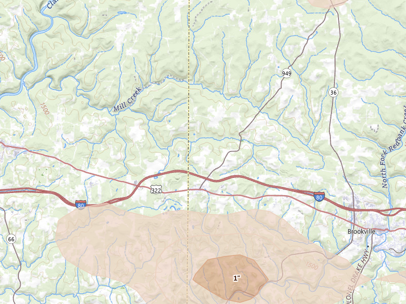 Radar-estimated hail-size map of the storm over Corsica, PA on Jul 3, 2026