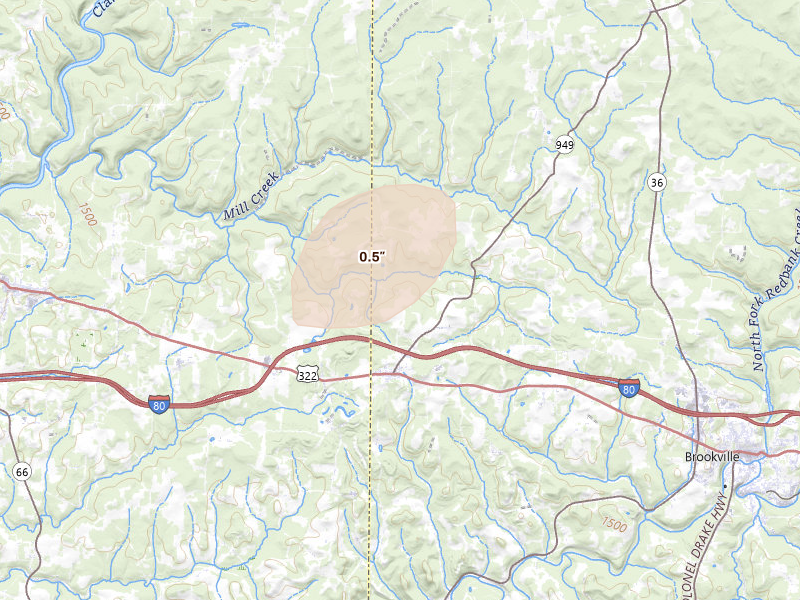 Radar-estimated hail-size map of the storm over Corsica, PA on Jul 4, 2026