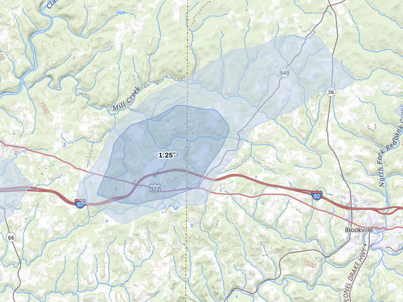 NEXRAD radar-signature map of the hail over Corsica, PA