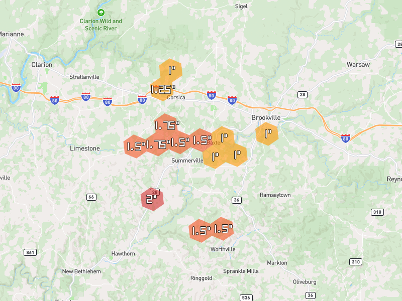 Hail map of Corsica, PA on Jul 4, 2026, hail up to 2"