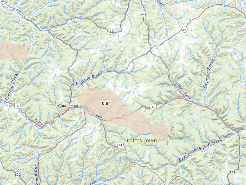 Radar-estimated hail-size map of the storm over Coudersport, PA on Jul 3, 2026
