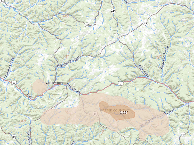Radar-estimated hail-size map of the storm over Coudersport, PA on Jul 4, 2026