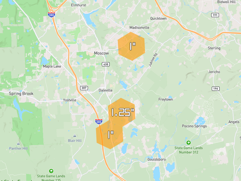 Hail map of Covington Township, PA on Jul 4, 2026, hail up to 1.25"