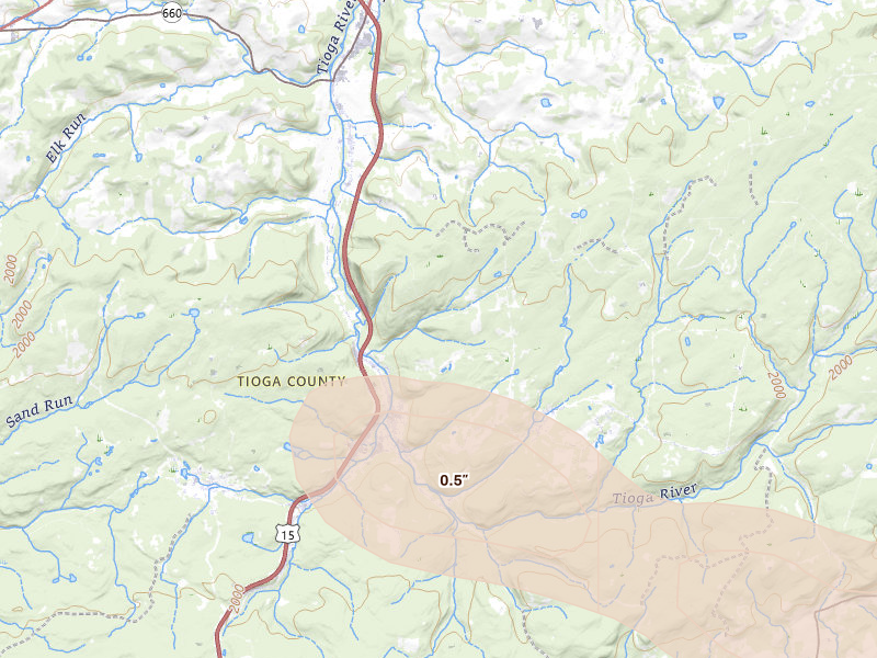 Radar-estimated hail-size map of the storm over Covington, PA on Jul 4, 2026