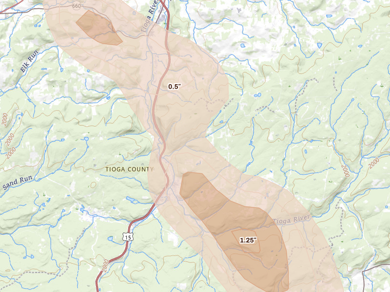 Radar-estimated hail-size map of the storm over Covington, PA on Sep 1, 2026