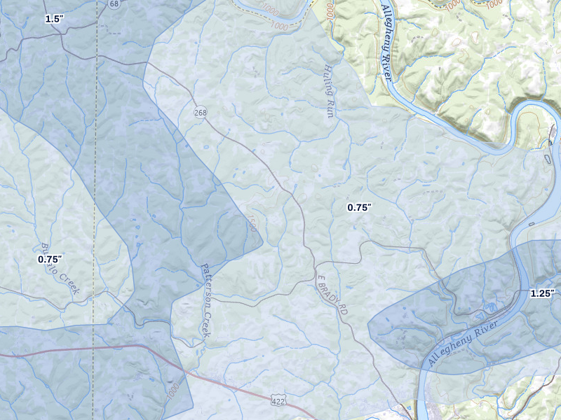 NEXRAD radar-signature map of the hail storm over Cowansville, PA on Jul 3, 2026