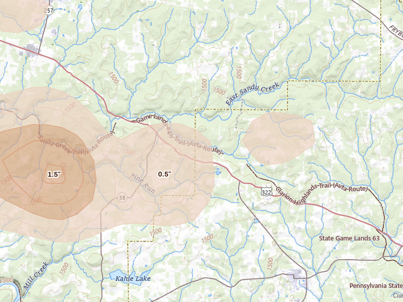 Radar-estimated hail-size map of the storm over Cranberry, PA
