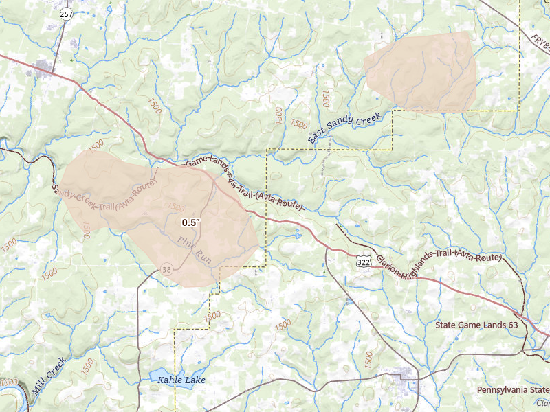 Radar-estimated hail-size map of the storm over Cranberry, PA on Jul 3, 2026