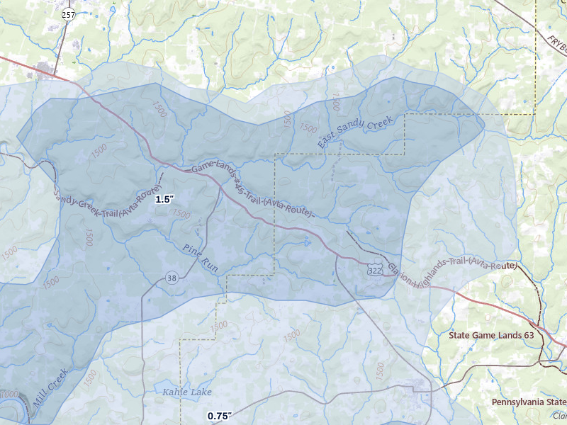 NEXRAD radar-signature map of the hail storm over Cranberry, PA on Jul 3, 2026