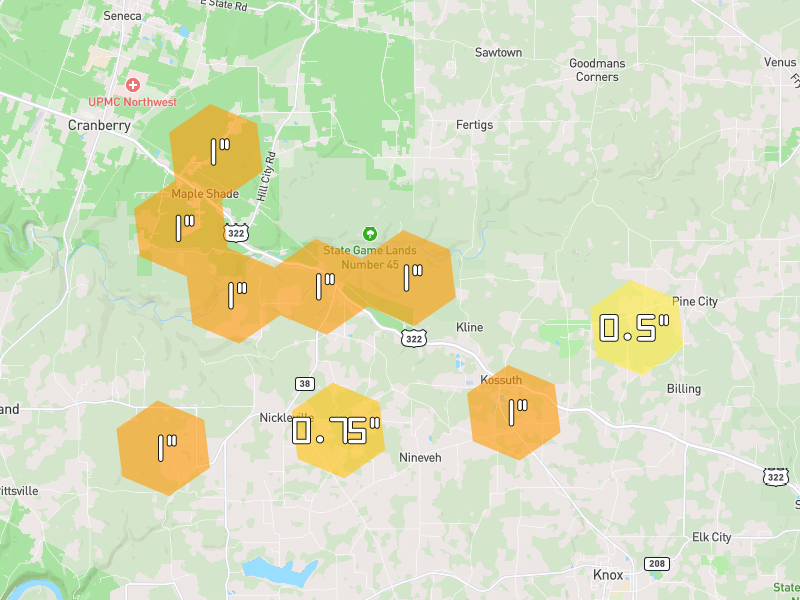 Hail map of Cranberry, PA on Jul 3, 2026, hail up to 1"