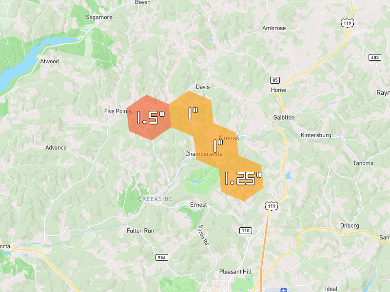 Hail map of Creekside, PA on Jul 4, 2026, hail up to 1.5"