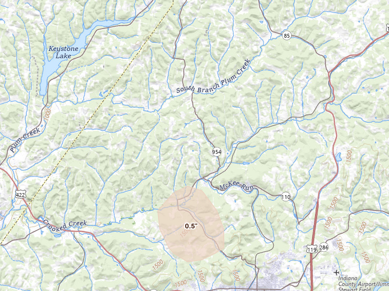 Radar-estimated hail-size map of the storm over Creekside, PA on Aug 9, 2026