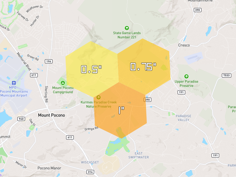 Hail map of Cresco, PA on Jul 3, 2026, hail up to 1"