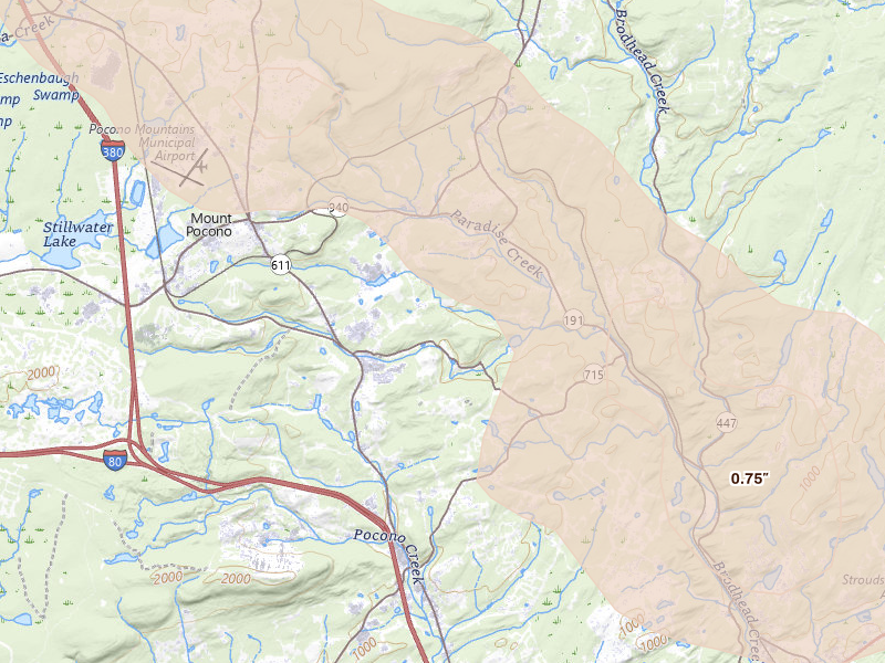 Radar-estimated hail-size map of the storm over Cresco, PA on Jul 4, 2026