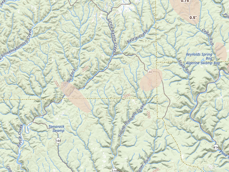 Radar-estimated hail-size map of the storm over Cross Fork, PA on Sep 1, 2026