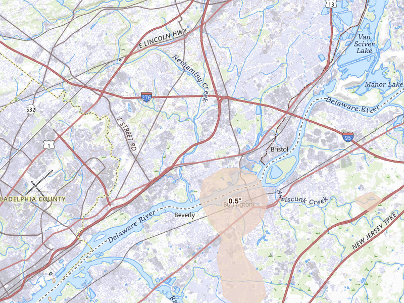 Radar-estimated hail-size map of the storm over Croydon, PA on Jul 3, 2026
