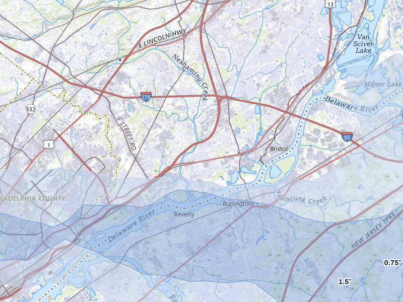 NEXRAD radar-signature map of the hail storm over Croydon, PA on Jul 3, 2026