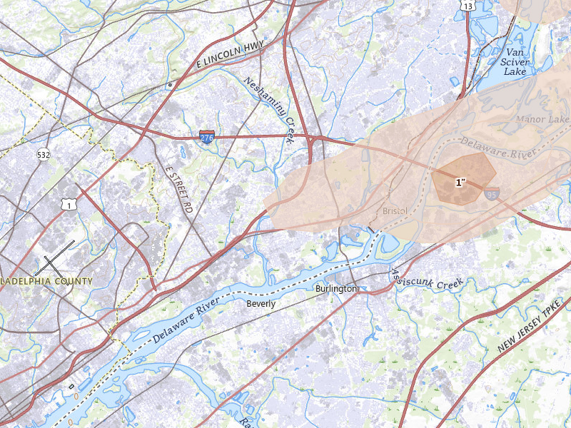 Radar-estimated hail-size map of the storm over Croydon, PA on Aug 7, 2026