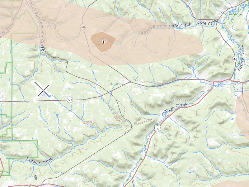 Radar-estimated hail-size map of the storm over Cyclone, PA on Jul 4, 2026