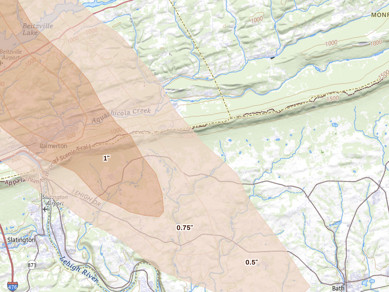 Radar-estimated hail-size map of the storm over Danielsville, PA on Jul 15, 2026