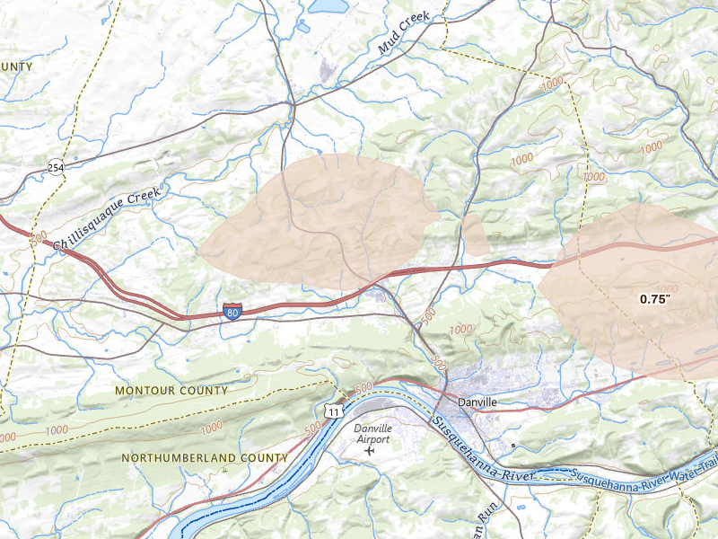 Radar-estimated hail-size map of the storm over Danville, PA on Aug 27, 2026