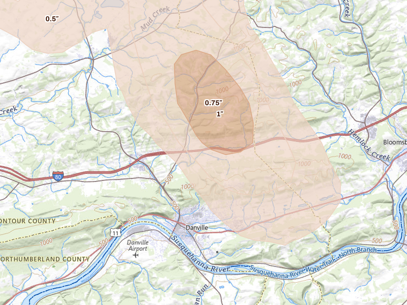 Radar-estimated hail-size map of the storm over Danville, PA on Sep 1, 2026